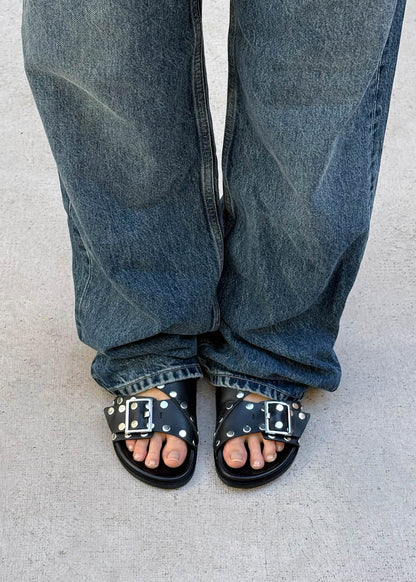 Alba Studs Black Leather Sandals